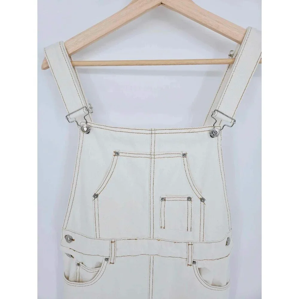 Zara Off White Brown Stitches Denim Overall Dress Bib Skirt Size Medium - Picture 9 of 14
